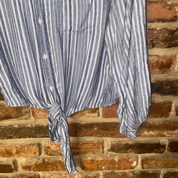 American Eagle Blue White Striped Tie Waist Long Sleeve Button Up Top Medium - Picture 3 of 6